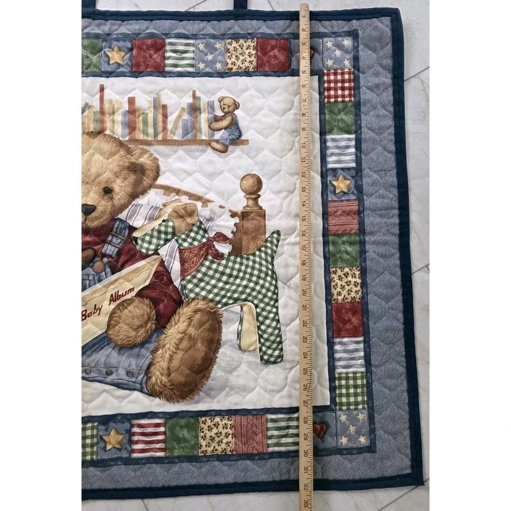 VTG Blue Jean Teddy Bear Toys Comforter / Quilted Baby Blanket Wall Hanging